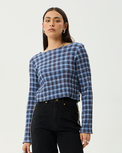 Afends: Mountains - Hemp Seersucker Long Sleeve Top - Navy Red Check