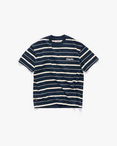 Mens T Shirts: Cursive Stripe T-Shirt - Navy/Natural