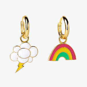 Yellow Owl: Yellow Owl Hoop Earrings - Rainbow and Cloud