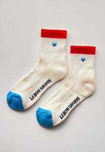 Le Bon Shoppe Socks: Le Bon Shoppe EMBROIDERED COLOR BLOCK GIRLFRIEND SOCKS-BLUE RED+HEART