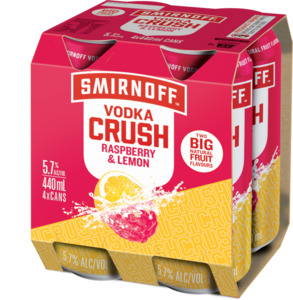Vodka Rtd: Smirnoff Crush Rasp & Lemon 4 pack cans