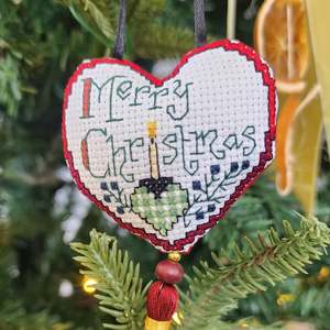 Reusable Gifting Supplies: Merry Christmas Heart crossstitched ornament