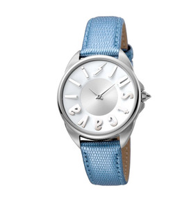 Just Cavalli: Just Cavalli Logo Women's JC1L008L0025 Quartz Blue Calfskin Leather Strap Watch
