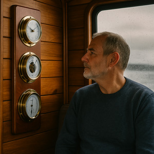 Barometers And Clocks: Mahogany & Brass Weatherstation – Hygrometer, Barometer, Thermometer & Quartz Clock