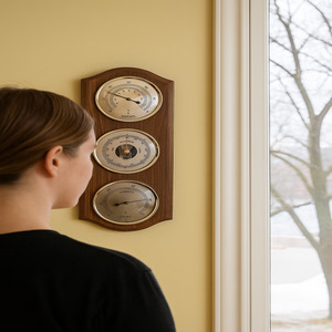Barometers And Clocks: Rustic Oak & Brass Weatherstation-3 in 1 - Hygrometer + Barometer + Thermometer