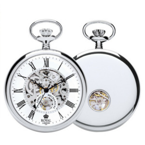 Royal London Brand: Silver Skeleton Mechanical Pocket Watch – Open Face for Timeless Style