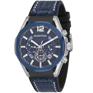 Quantum Powertech Blue Dial Blue Leather Chronograph Silver Case Watch PWG970.699