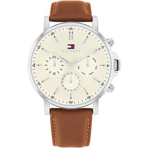 Tommy Hilfiger Brown Leather Parchment Dial Multi-function Men's Watch - 1792143