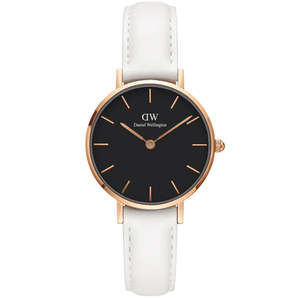 Daniel Wellington Watches: Daniel Wellington Petite 32mm Black Rose Gold Dial White Leather Strap DW00100283