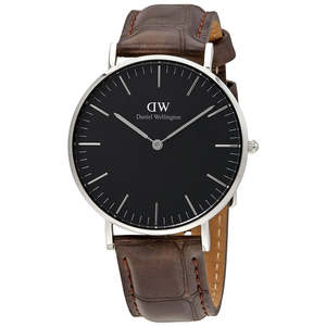Daniel Wellington Watches: Daniel Wellington York 36mm Black Dial Genuine Leather Silver Watch - DW00100146