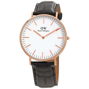 Daniel Wellington Mens Watches: Daniel Wellington Reading 40mm White Dial Black Genuine Leather Gold Watch - DW00100014