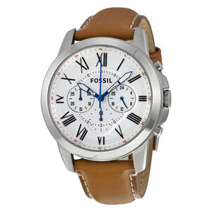 Fossil Watches: Fossil Grant Chronograph White Dial Tan Leather Men's Watch - FS5060