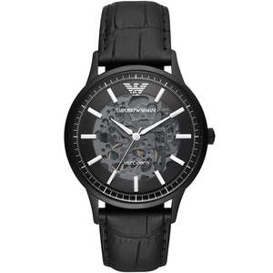 Mens Automatic Watches: Emporio Armani Renato Automatic Skeleton Black Genuine Leather Men's Watch - AR60042