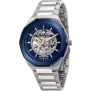 Mens Automatic Watches: Maserati Stile Skeleton Automatic Silver Dial Two Tone Rose Gold and Silver Stainless Steel Men’s Watch R8823142004