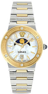 Versace Womens Watches: Versace Greca Logo Mother of Pearl Two-Tone Swiss Moonphase Watch - VE7G00524