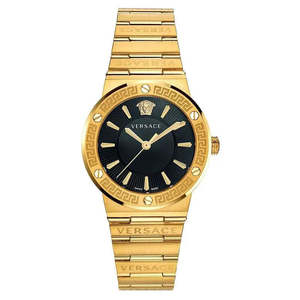 Versace Womens Watches: Versace Greca Black Dial Gold Steel Strap Women's Watch - VEVH00820