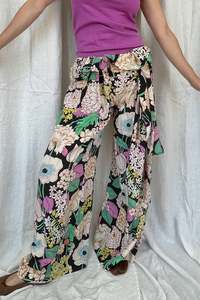Pants: Floral Paperbag Waist Pants - M