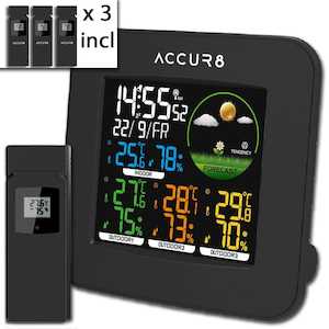 Weather Stations: ACCUR8 YD8266WUK-BL Weather Forecaster including 3 Wireless Temperature & Humidity Sensors