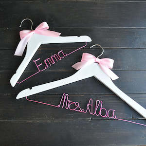 Wedding Gifts: Personalised Pink Wire Wedding Hanger