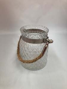 Glassware: Cut glass lantern vase w rustic rope, Medium