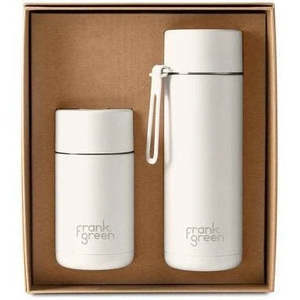 Gifts For Him: Frank Green Small Essential Gift Set Stainless Steel Ceramic Reusable Bottle + Cup - Cloud (20 oz & 10 0z)