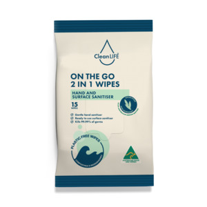 CleanLIFE On The Go 2 in 1 Wipes - Hand and Surface Sanitizer 15 Wipes