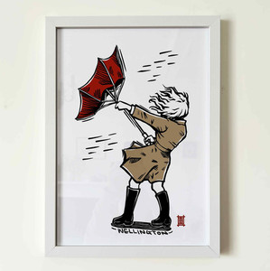 Products: Art Print Windy Welly Girl - Red Umbrella Welly Girl NZ