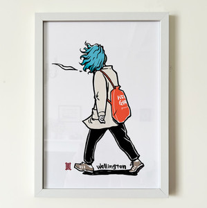 Products: Art Print Windy Welly Girl - Sky Blue Hair Welly Girl NZ