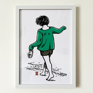 Products: Art Print Windy Welly Girl - Walking on the Beach (Green Top) Welly Girl NZ