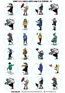 Windy Welly Girls & Boys Assorted Round Sticker Sheet (A4) 44m circle x 24 Welly Girl NZ