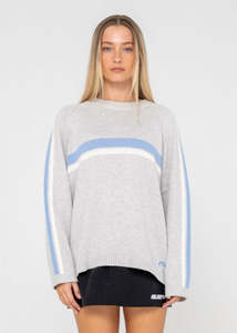 Rusty: Rusty - White Lines Long Sleeve Crew Neck Knit (Grey Marle/Blue)