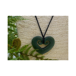 New Zealand Pounamu (Greenstone) Heart & Two Koru (Spiral) Necklace