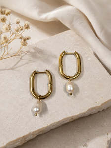 Gold Plated Stainless Steel Freshwater Pearl Oval Hoop Earrings