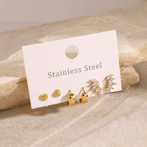 Gold Plated Stainless Steel 3-Pair Earring Set