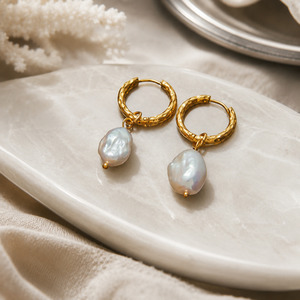 Gold Plated Stainless Steel & Freshwater Pearl Hoop Earrings