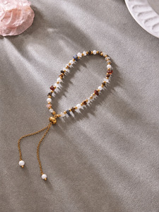 Gold Plated Stainless Steel Pearl & Mixed Stone Bracelet