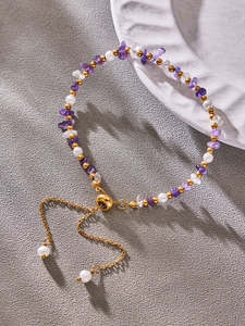 Gold Plated Stainless Steel Pearl & Amethyst Bracelet