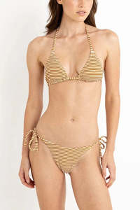 Rhythm: RHYTHM COVE STRIPE SLIDE TRI TOP W/ TIE SIDE HI CUT PANT - CARAMEL