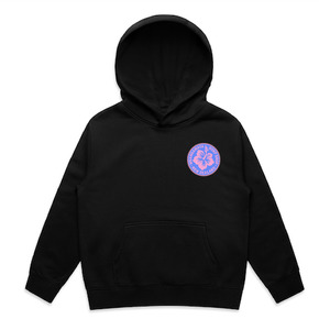 Girls Hoodies Jumpers: WHANGAMATA SURF SHOP GIRLS HIBISCUS PATCH PUFF PRINT HOOD - BLACK