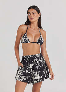 Poolside Paradiso: POOLSIDE ALOHA SLIT SHORT - BLACK