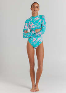 POOLSIDE PARADISO ALOHA LONG SLEEVE ONE PIECE - AQUA
