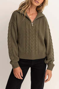 Womens Knitwear: RHYTHM CABELLED VINTAGE KNIT - OLIVE