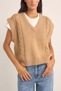 Womens Knitwear: RHYTHM FINLEY CABLE KNIT VEST - SAND
