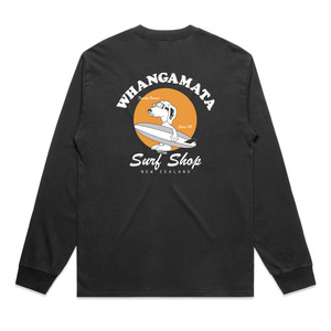 Best Sellers: WHANGAMATA SURF SHOP SURF DOG LONG SLEEVE TEE - FADED BLACK