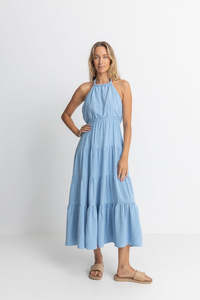 Sale: RHYTHM SEACOAST HALTER TIERED MAXI DRESS - SKY