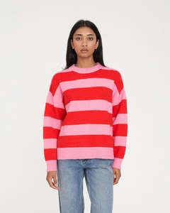 Huffer: HUFFER Kenzie Stripe Knit Crew Pink/Red