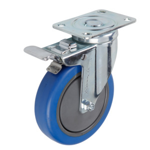 Medium Institutional Castors: 125mm Elastic Rubber Castor - Swivel Plate & Brake - 100kg Capacity
