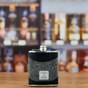 Whisky Hip Flasks: Black Leather and Harris Tweed 6oz Hip Flask