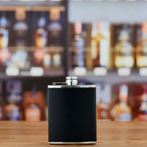 Whisky Hip Flasks: Black Leather 6oz Hip Flask