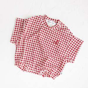 New: Cinnamon Baby | Crimson Gingham Tshirt Romper